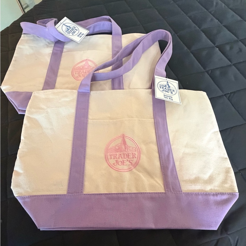 Trader Joe’s set of two large Canvas Tote with Lavender Trim and Handles